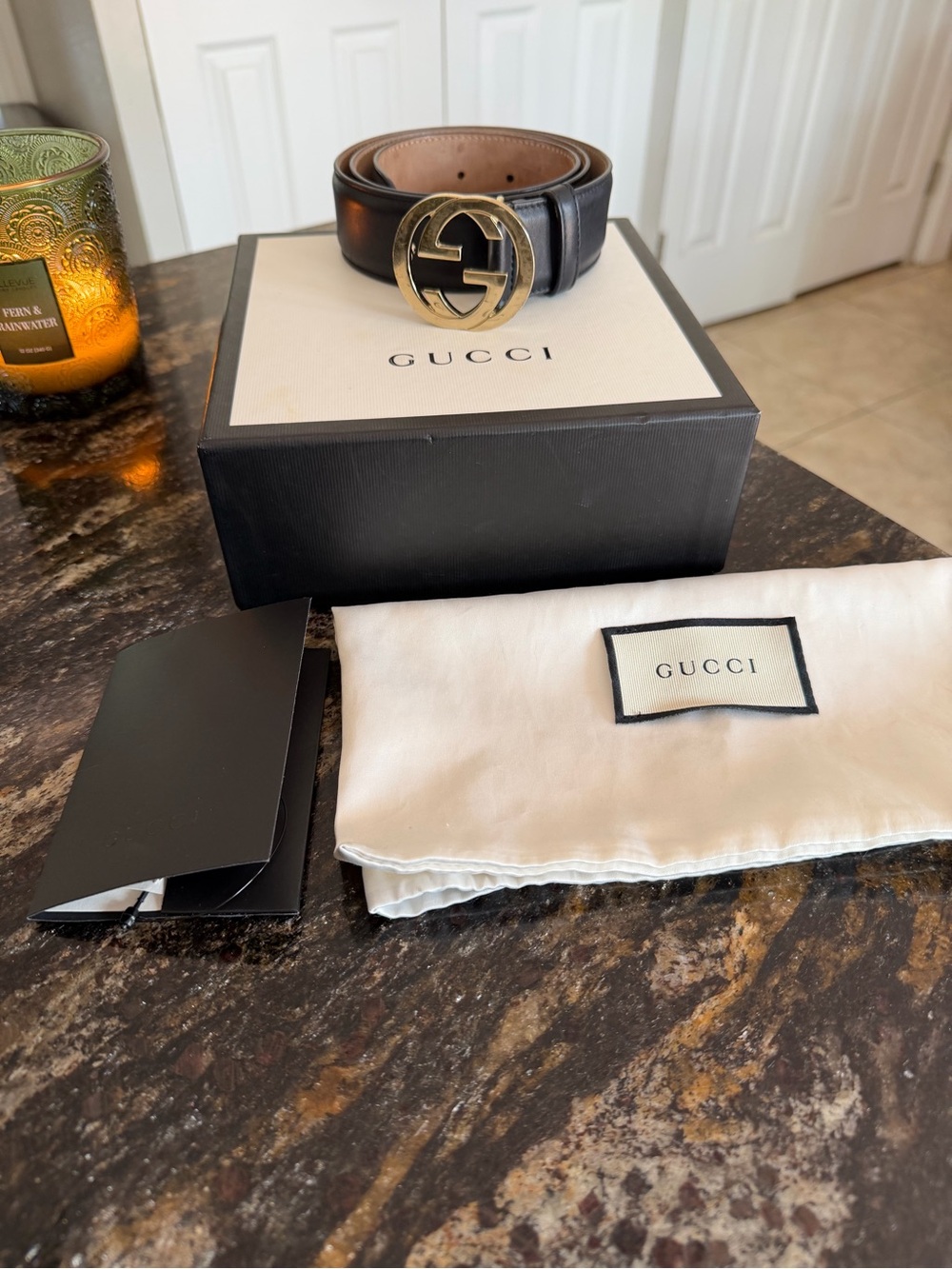 Gucci Black Leather Belt with Gold GG Round Buckle